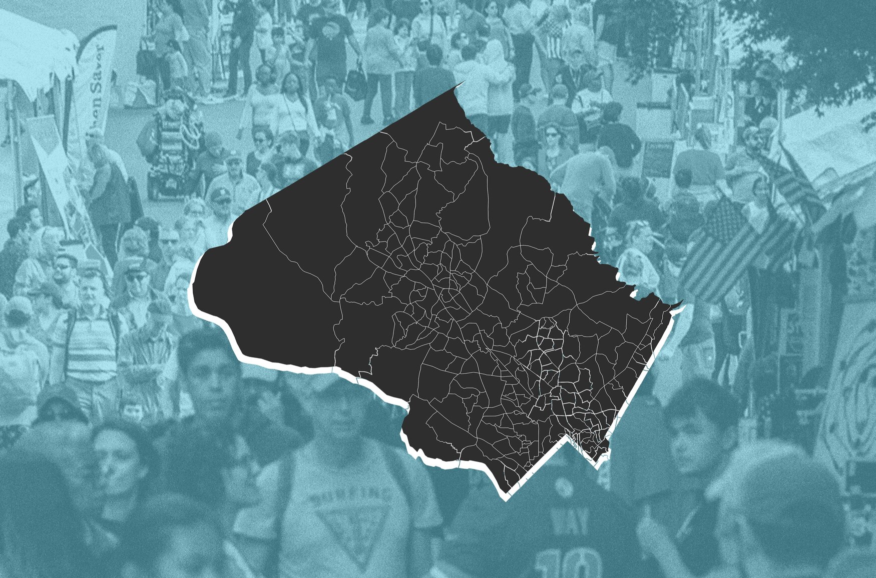 An outline of Montgomery County, Maryland overlaid on an image of people at a market.